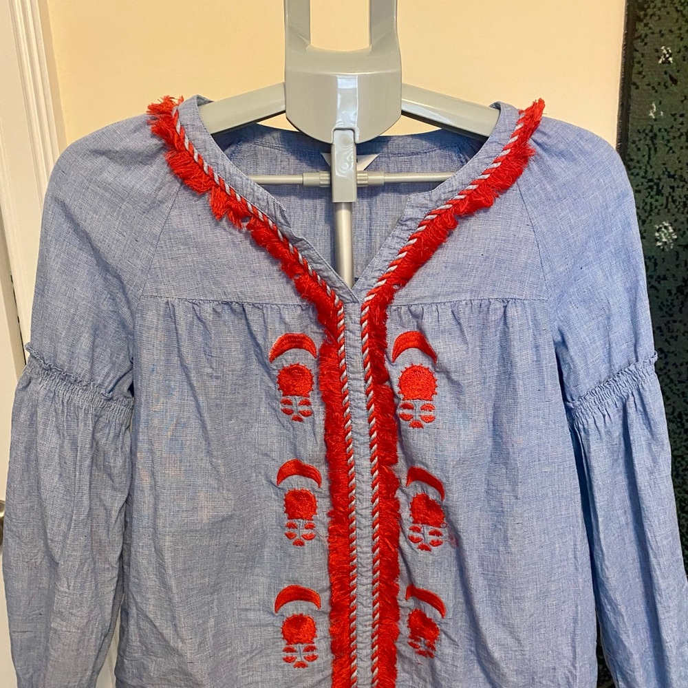 Embroidered Crown & Ivy Blue and Red Women's Top
